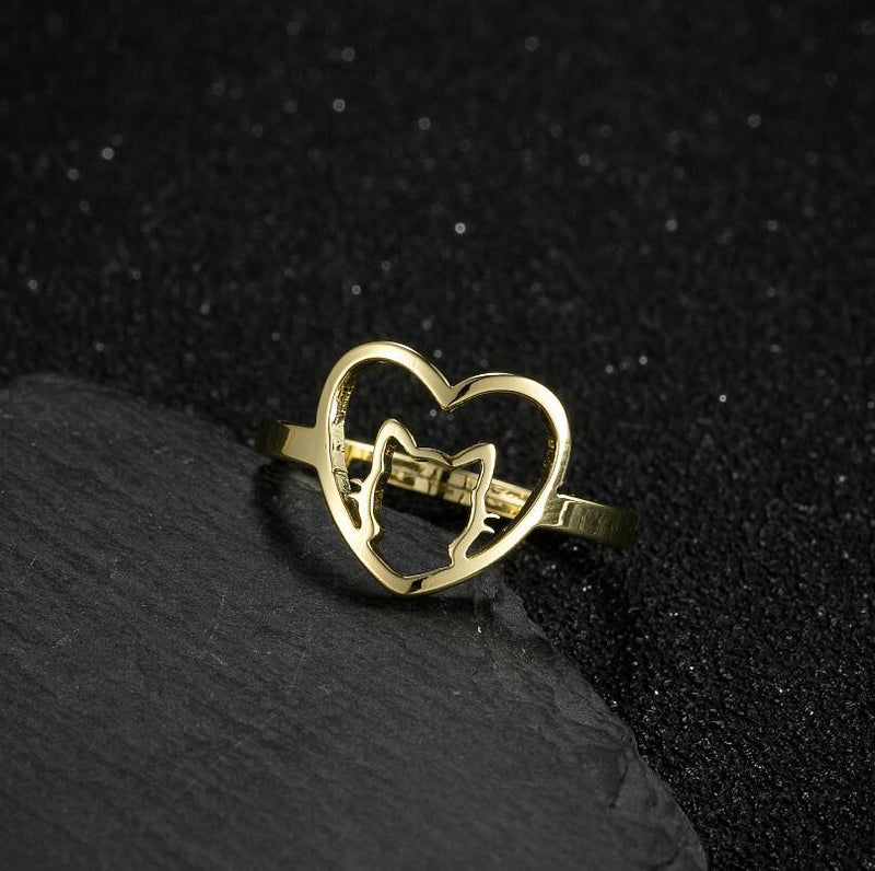 Korean simple hollow geometric love ring, girls cute pet cat ring wholesale - wallojewerly 