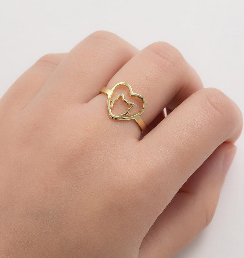 Korean simple hollow geometric love ring, girls cute pet cat ring wholesale - wallojewerly 