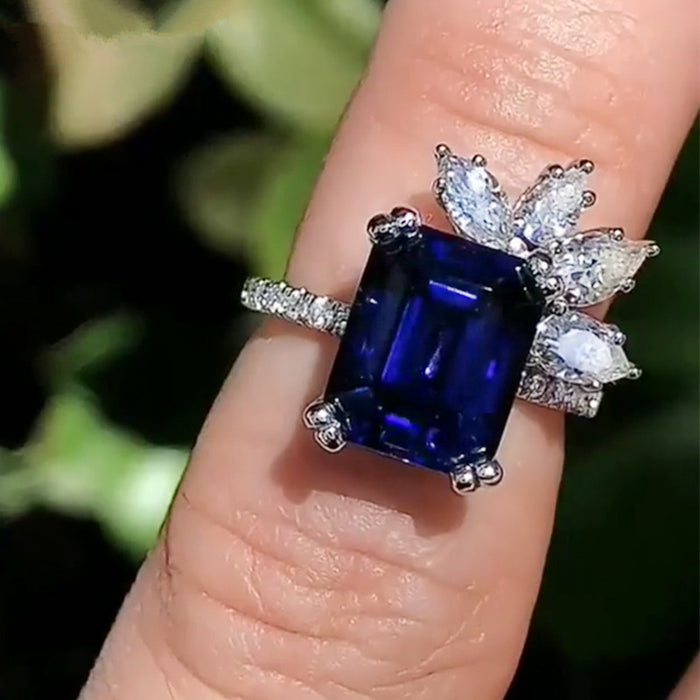 Anillo floral de lujo para mujer, joyería de circonita y diamante azul