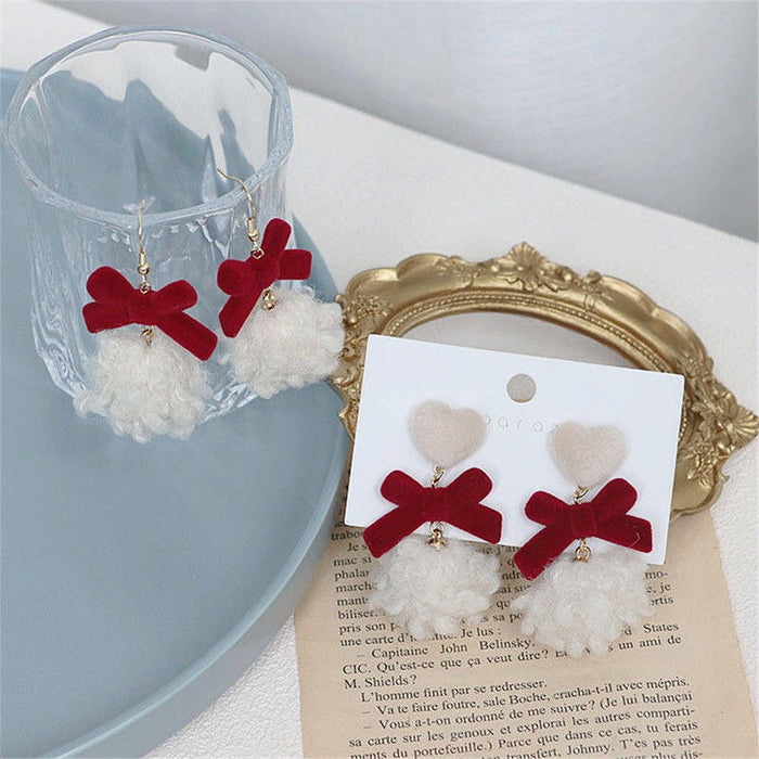 Pendientes de bola de peluche con forma de corazón de amor S925 en plata de ley para otoño e invierno, bonitos pendientes para niñas