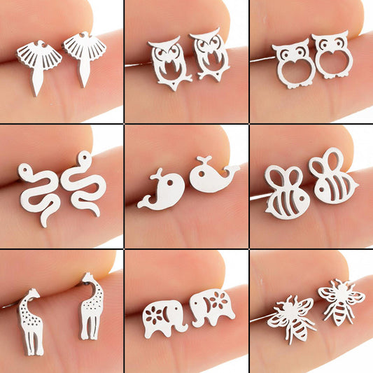 Giraffe bee earrings, girls cute small animal simple stainless steel owl earrings wholesale