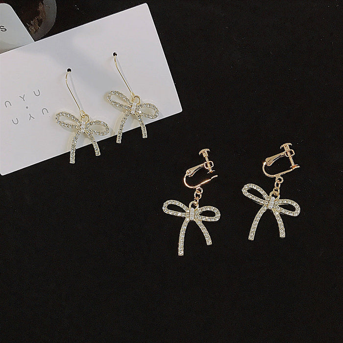 Bowknot rhinestone earrings long simple Korean style earrings temperament earrings