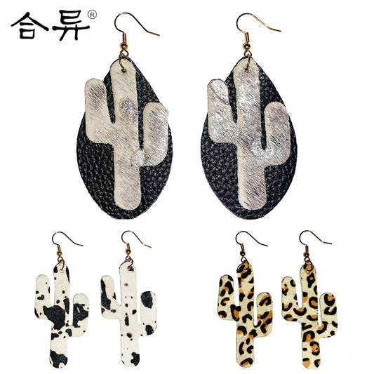 Cactus Leather Fur Earrings - Bohemian Leopard Print Dangle Jewelry