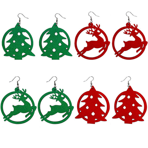 Red and green leather Christmas tree deer earrings - wallojewerly 