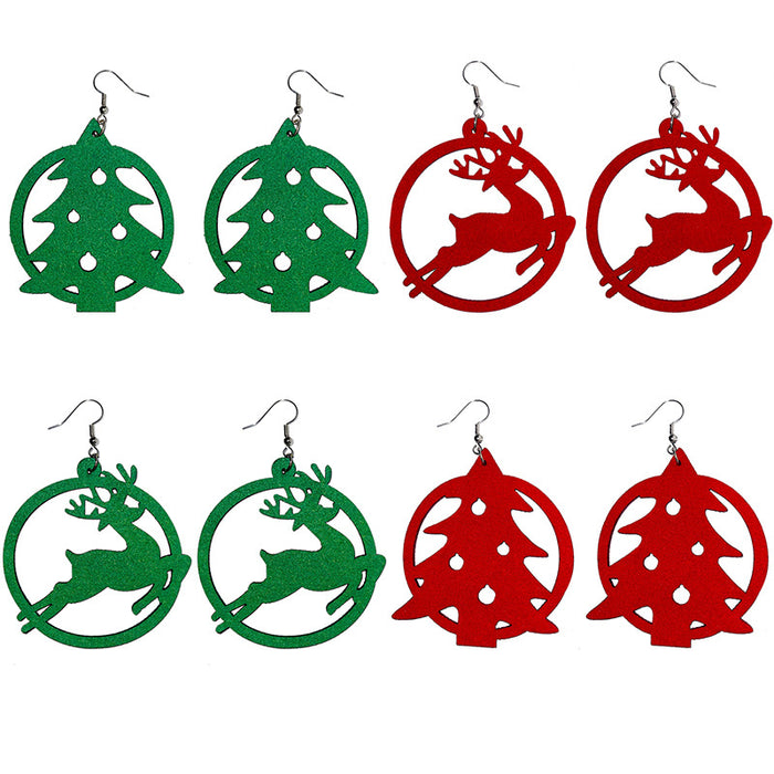 Red and green leather Christmas tree deer earrings - wallojewerly 