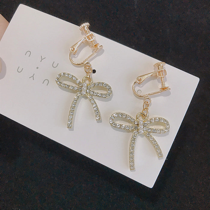 Bowknot rhinestone earrings long simple Korean style earrings temperament earrings