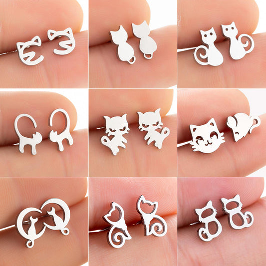 Cat and mouse earrings, Korean cute fashion stainless steel small pet cat small animal earrings wholesale