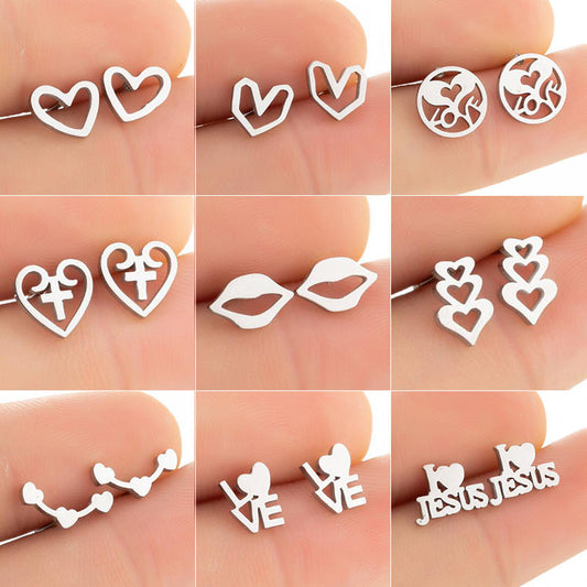 Love heart earrings, Japanese and Korean women's new stainless steel couple kiss lips simple earrings in stock