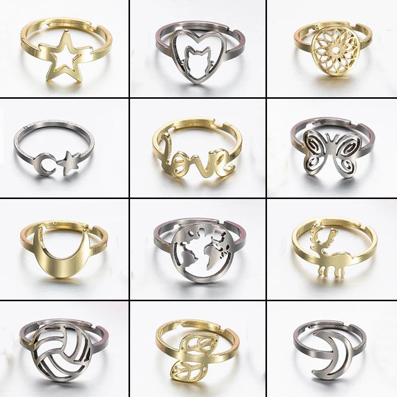 Stainless steel geometric retro open ring, star and moon adjustable hand jewelry wholesale