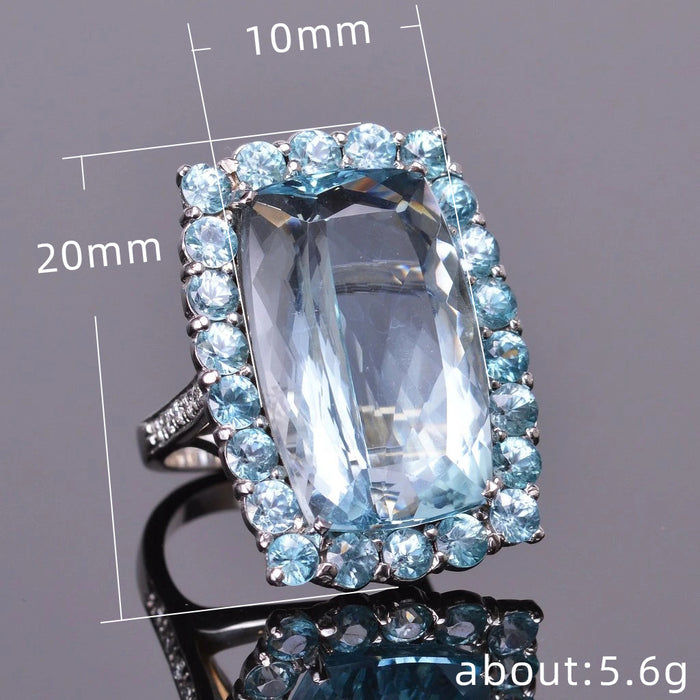 Anillo de boda europeo y americano con circonita azul cielo rectangular grande de moda para dama