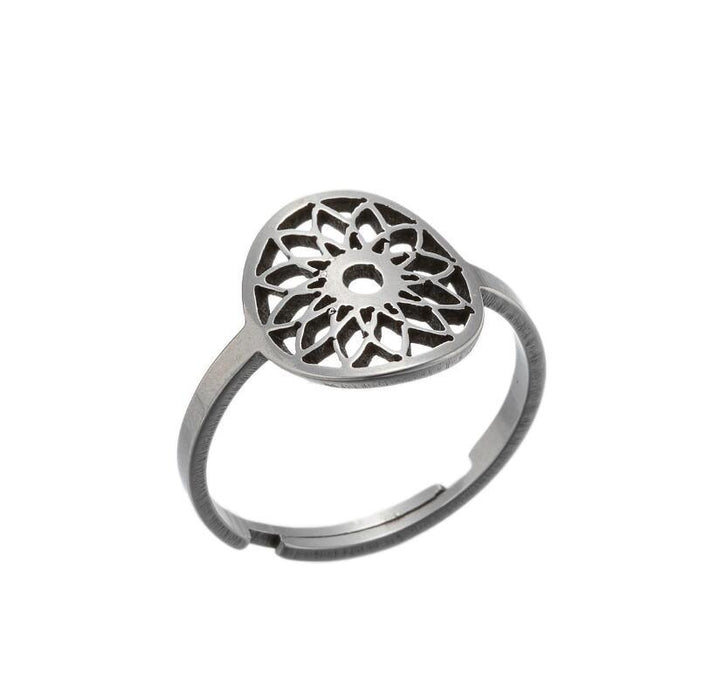 Anillo de mandala retro de acero inoxidable, joyería geométrica abierta de estilo europeo y americano al por mayor