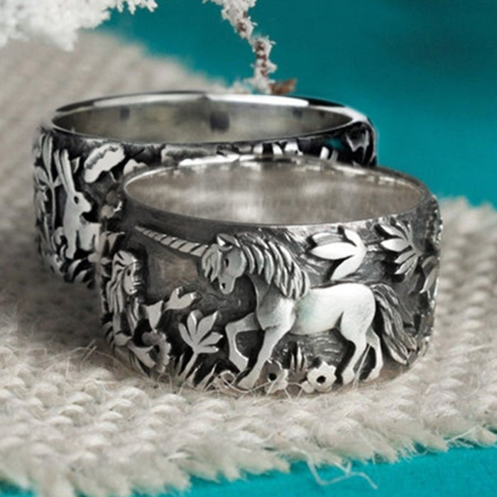 Unicorn and rabbit fairy tale ring cute retro style