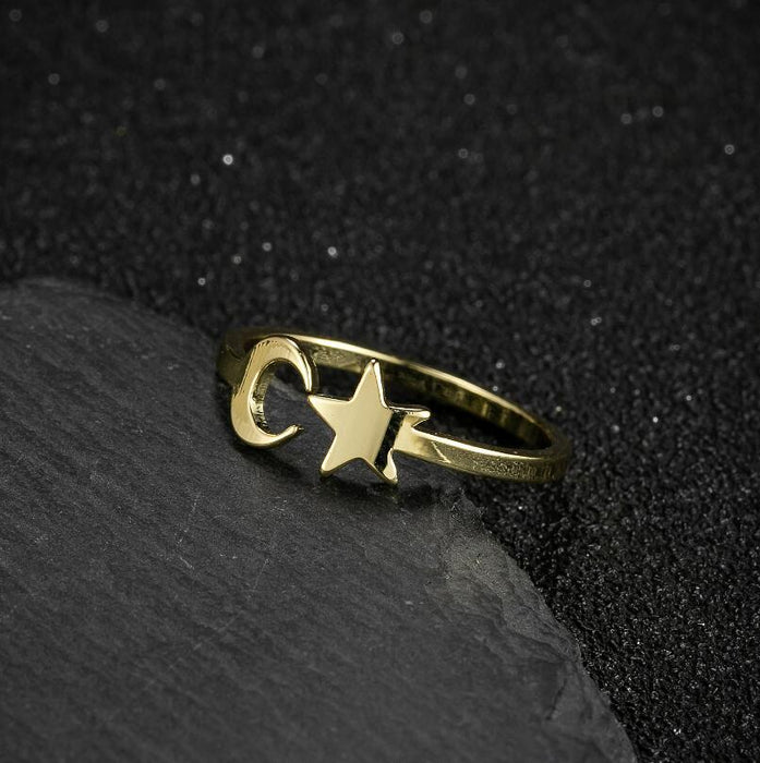 Anillo de estrella y luna dulce japonés y coreano, joyería de mano simple y fresca al por mayor