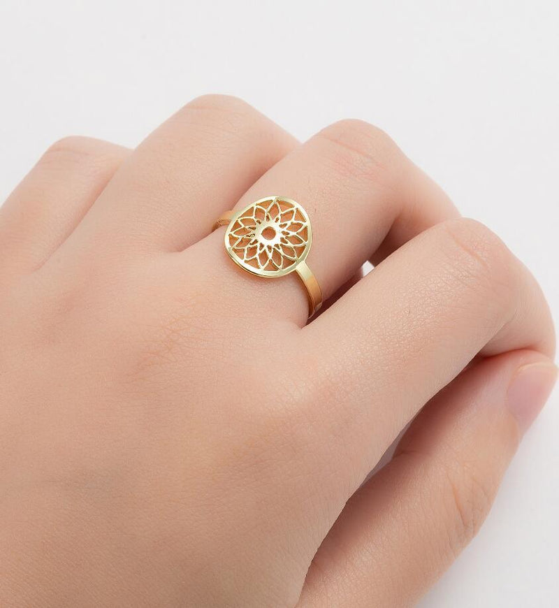 Stainless steel retro mandala ring, European and American style open geometric jewelry wholesale