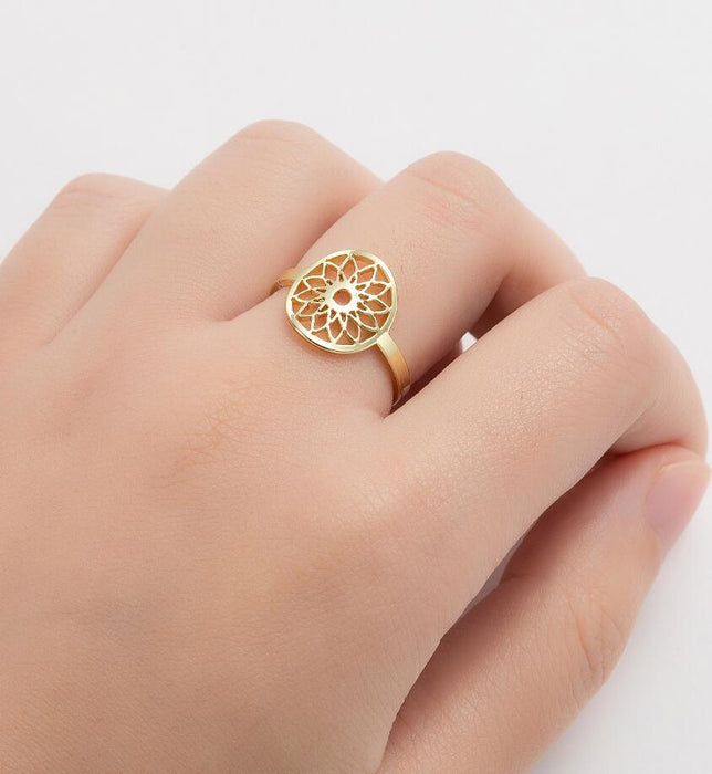 Anillo de mandala retro de acero inoxidable, joyería geométrica abierta de estilo europeo y americano al por mayor