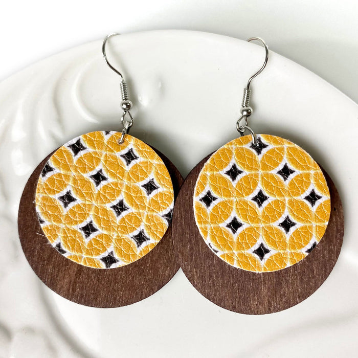 Bark Pattern Leather Earrings - Round Geometric Wood Jewelry