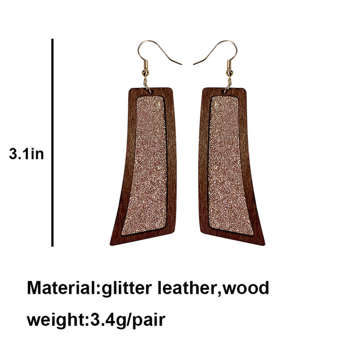 Fashion Glitter Leather Earrings - Geometric Wooden Retro Jewelry