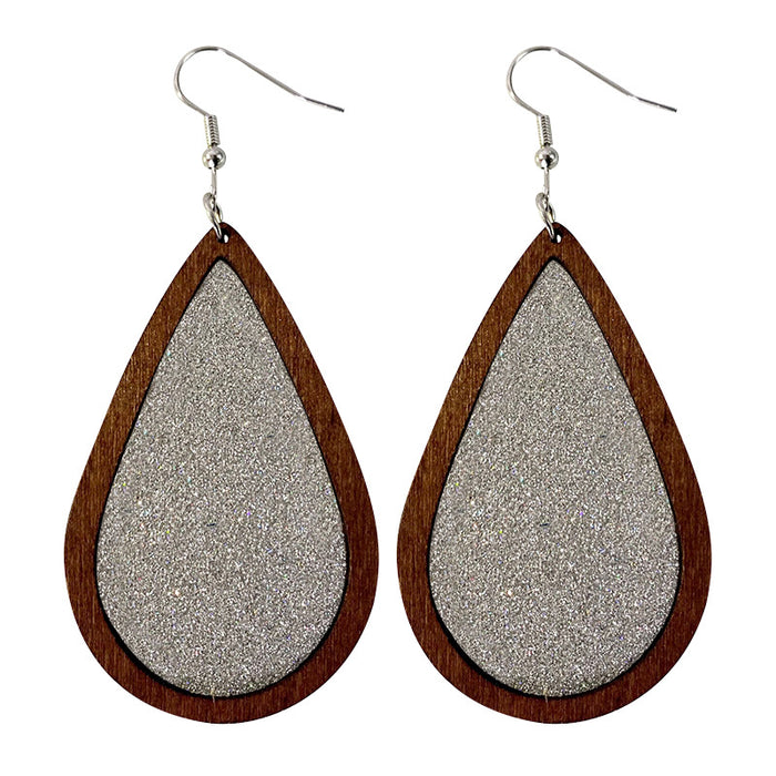 Teardrop Glitter Leather Earrings - Retro Wooden Jewelry