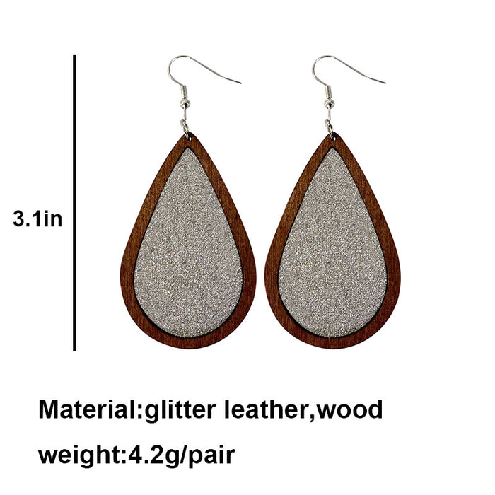 Teardrop Glitter Leather Earrings - Retro Wooden Jewelry