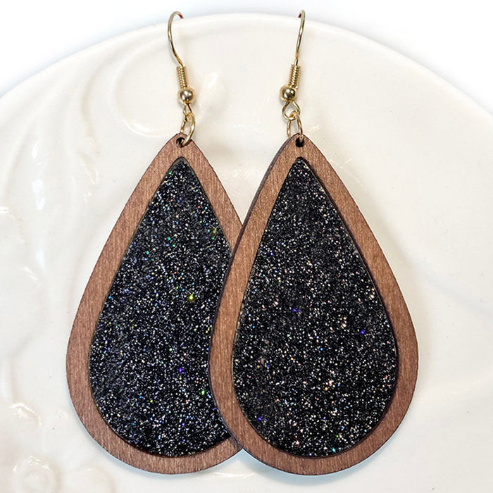 Teardrop Glitter Leather Earrings - Retro Wooden Jewelry