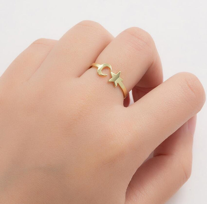 Anillo de estrella y luna dulce japonés y coreano, joyería de mano simple y fresca al por mayor