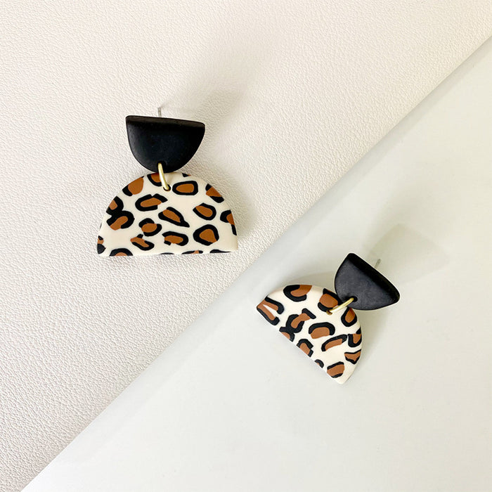 Creative Leopard Print Clay Earrings - Geometric Round Design for Fall/Winter