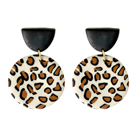 Pendientes creativos de arcilla con estampado de leopardo: diseño geométrico redondo para otoño/invierno