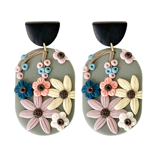 Creative Colorful Floral Clay Earrings - Geometric Design for Fall/Winter