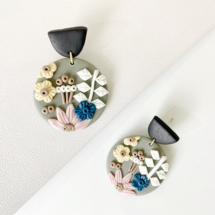 Creative Colorful Floral Clay Earrings - Geometric Design for Fall/Winter