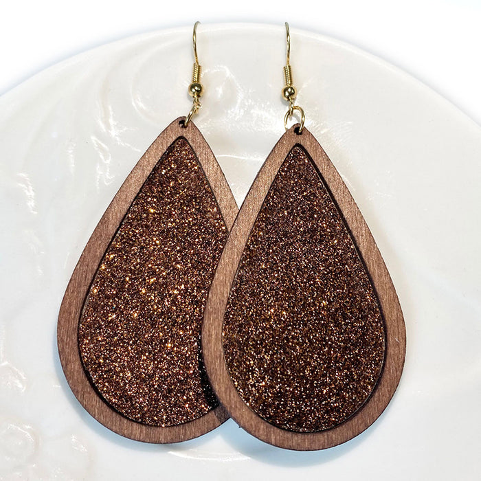 Teardrop Glitter Leather Earrings - Retro Wooden Jewelry