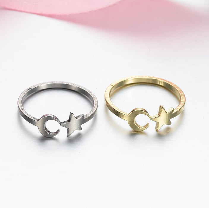 Anillo de estrella y luna dulce japonés y coreano, joyería de mano simple y fresca al por mayor