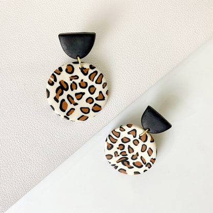 Creative Leopard Print Clay Earrings - Geometric Round Design for Fall/Winter