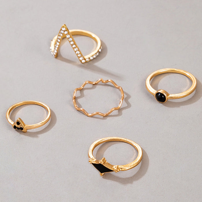 Vintage Black Oil Drop Wave V-Shaped Ring 5-Piece Set