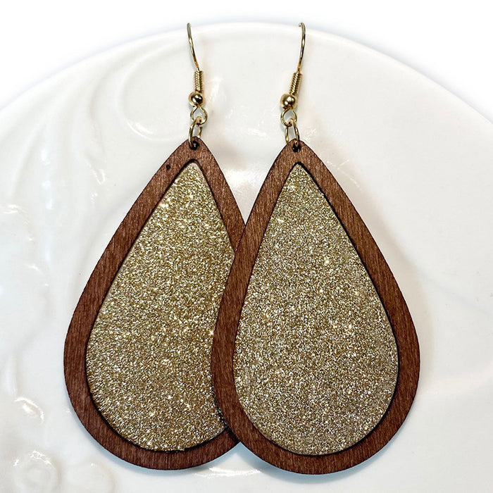 Teardrop Glitter Leather Earrings - Retro Wooden Jewelry