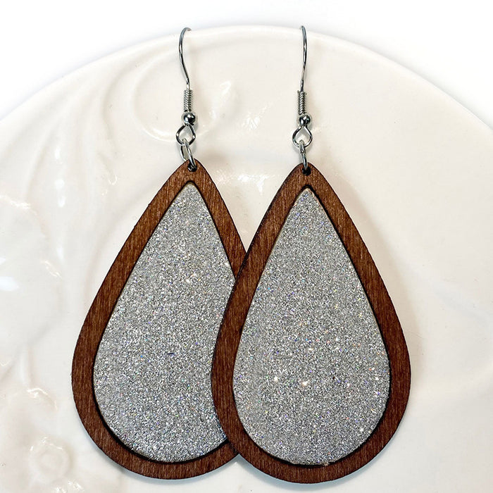 Teardrop Glitter Leather Earrings - Retro Wooden Jewelry