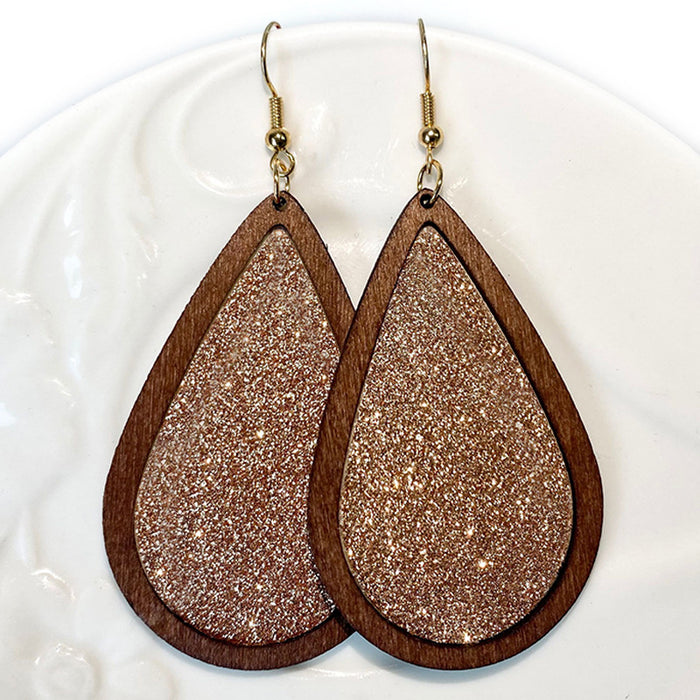 Teardrop Glitter Leather Earrings - Retro Wooden Jewelry