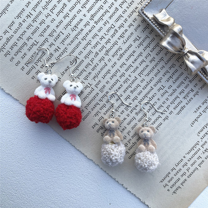 Pendientes de bola de pelo de osito de peluche flocado Otoño e invierno Pendientes de aguja de plata S925