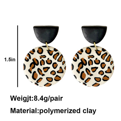 Creative Leopard Print Clay Earrings - Geometric Round Design for Fall/Winter