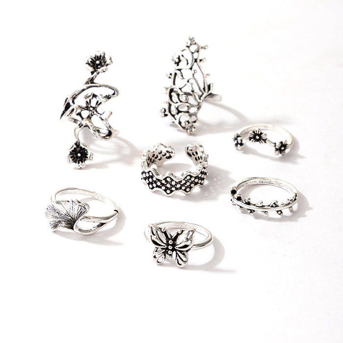 Bohemian style leaf hollow flower butterfly ring 7-piece set