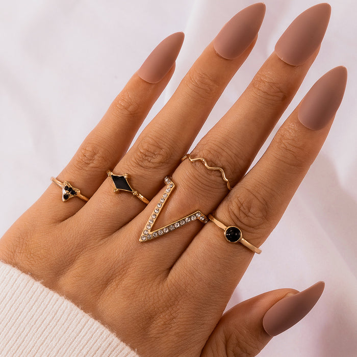 Vintage Black Oil Drop Wave V-Shaped Ring 5-Piece Set