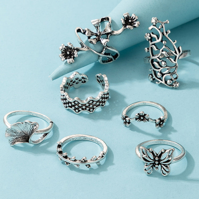 Bohemian style leaf hollow flower butterfly ring 7-piece set