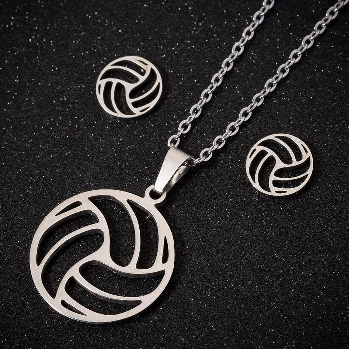 Stainless Steel Volleyball Necklace Earrings Set - wallojewerly 