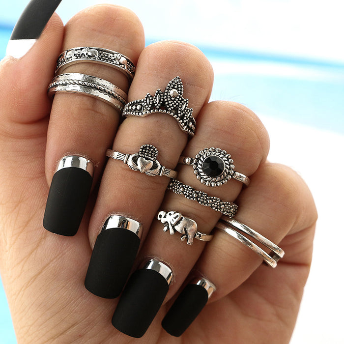 Geometric Crown Heart Elephant Rings - 8pcs Set