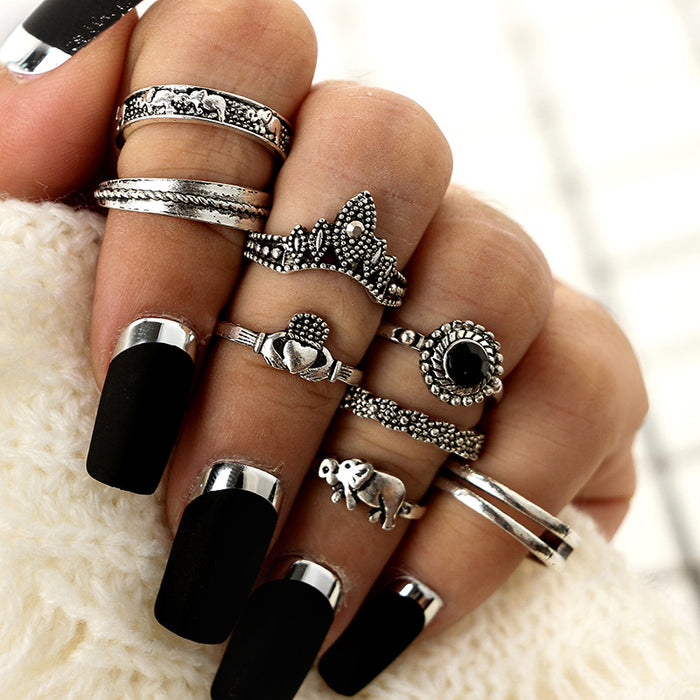 Geometric Crown Heart Elephant Rings - 8pcs Set