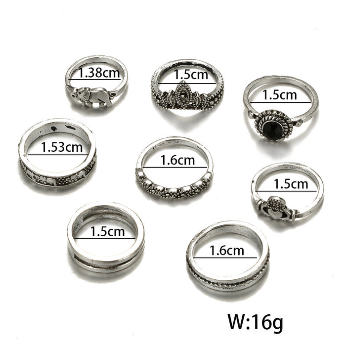 Geometric Crown Heart Elephant Rings - 8pcs Set