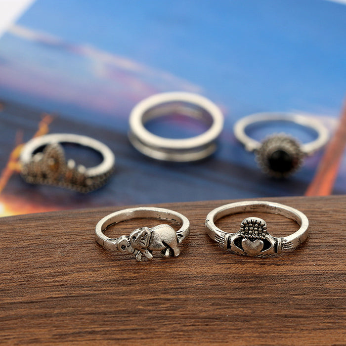 Geometric Crown Heart Elephant Rings - 8pcs Set