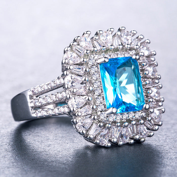 Anillo de lujo chapado en platino con circonita azul europea y americana, joyería de mujer de gran venta