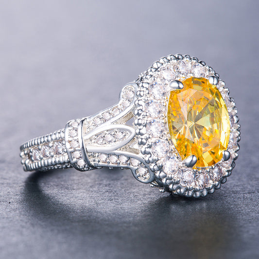 European and American yellow egg-shaped zircon silver-plated ring luxury temperament jewelry