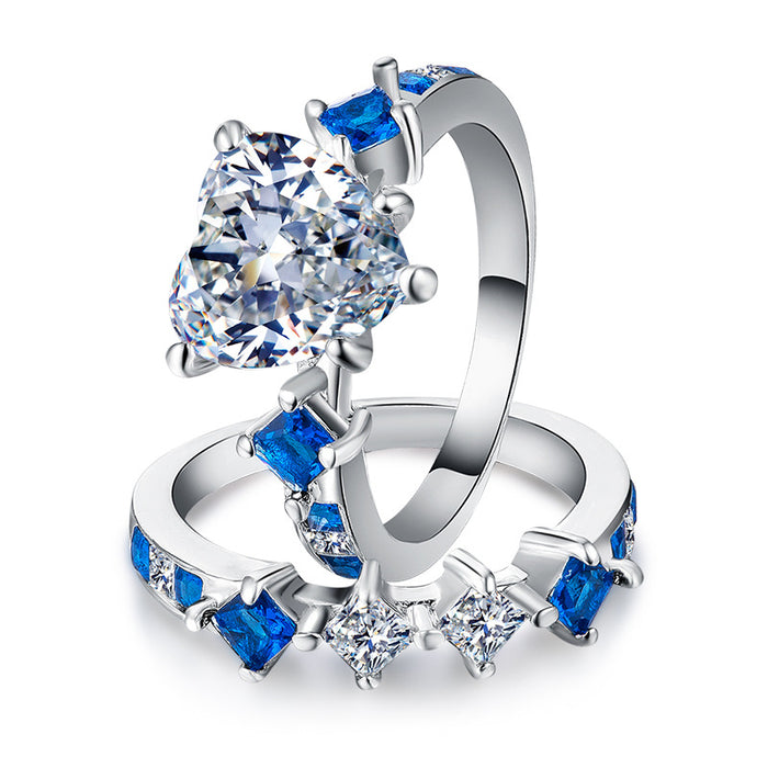 Heart-shaped zircon silver-plated couple ring