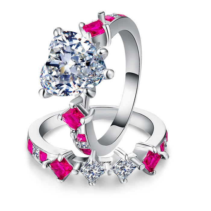 Heart-shaped zircon silver-plated couple ring